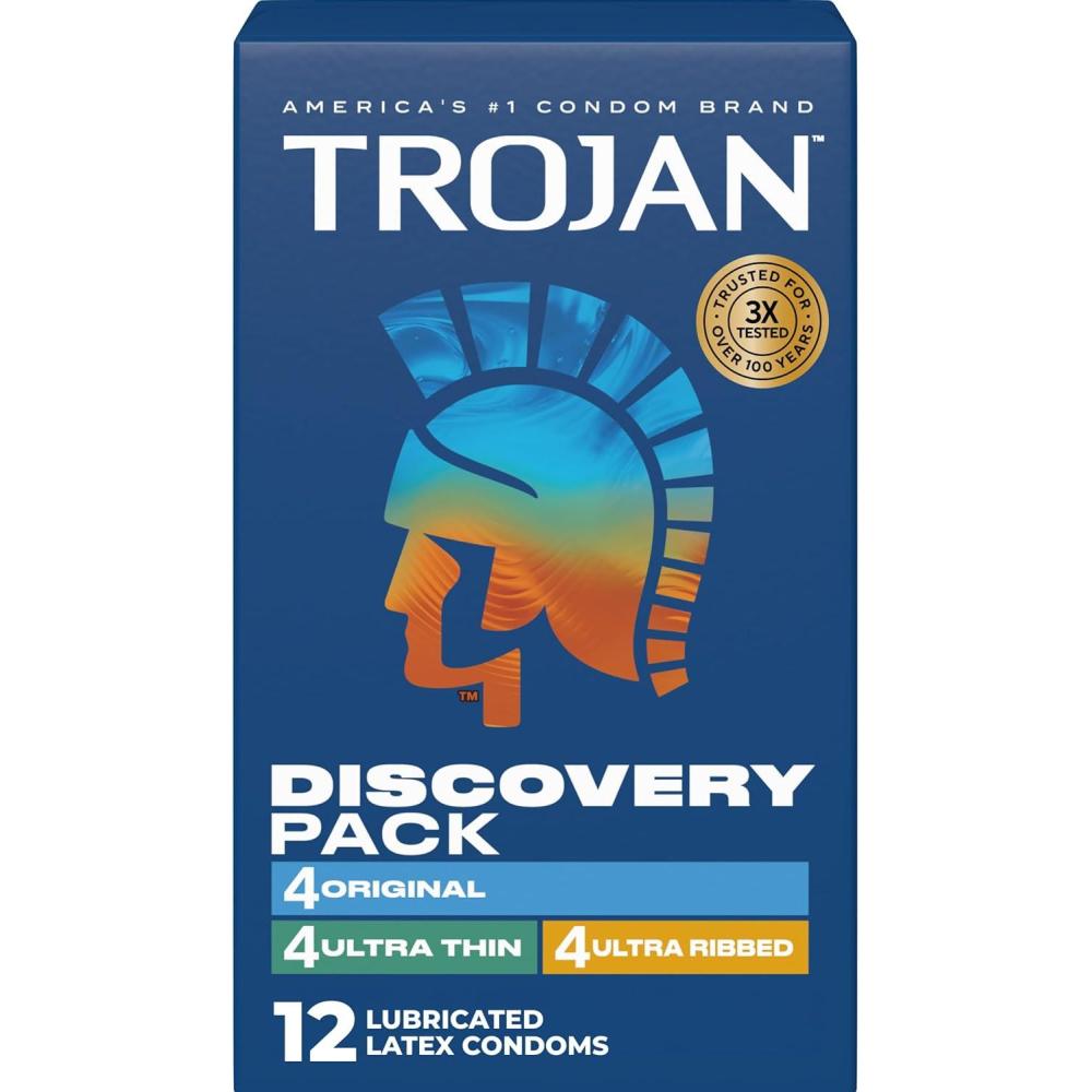 imageTrojan Discovery Pack Assorted Latex Lubricated Condoms for Men Original Ultra Thin amp Ultra Ribbed Varieties 12 Count