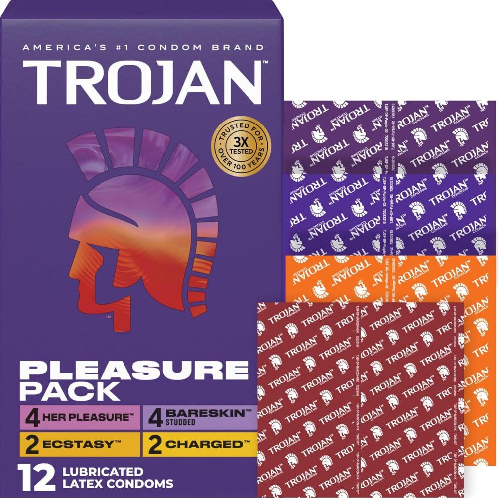 imageTrojan Pleasure Pack Assorted Latex Lubricated Condoms for Men Her Pleasure Bareskin Studded Ecstasy amp Charged Varieties 12 Count