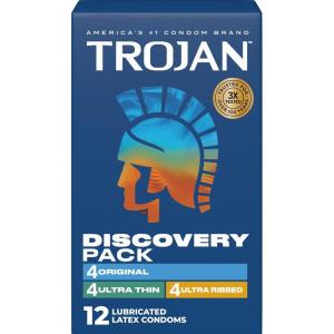Trojan Discovery Pack, Assorted Latex Lubricated Condoms for Men, Original, Ultra Thin & Ultra Ribbed Varieties, 12 Count