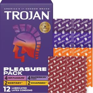 Trojan Pleasure Pack, Assorted Latex Lubricated Condoms for Men, Her Pleasure, Bareskin Studded, Ecstasy & Charged Varieties, 12 Count