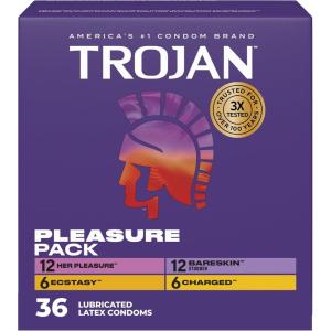Trojan Pleasure Pack, Assorted Latex Lubricated Condoms for Men, Her Pleasure, Bareskin Studded, Ecstasy & Charged Varieties, 36 Count(12x Her Pleasure  12x Bareskin Studded  6x Ecstacy  and 6x Charged)