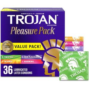 Trojan Pleasure Pack, Assorted Latex Lubricated Condoms for Men, Her Pleasure, Bareskin Studded, Ecstasy & Charged Varieties, 36 Count(Twisted  Trojan Her Pleasure  Intense  and Warming)